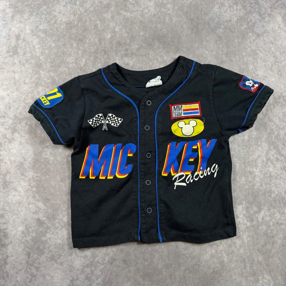 Disney Junior Mickey Mouse Racing Baseball Jersey Shirt Black Boys 2T Patches